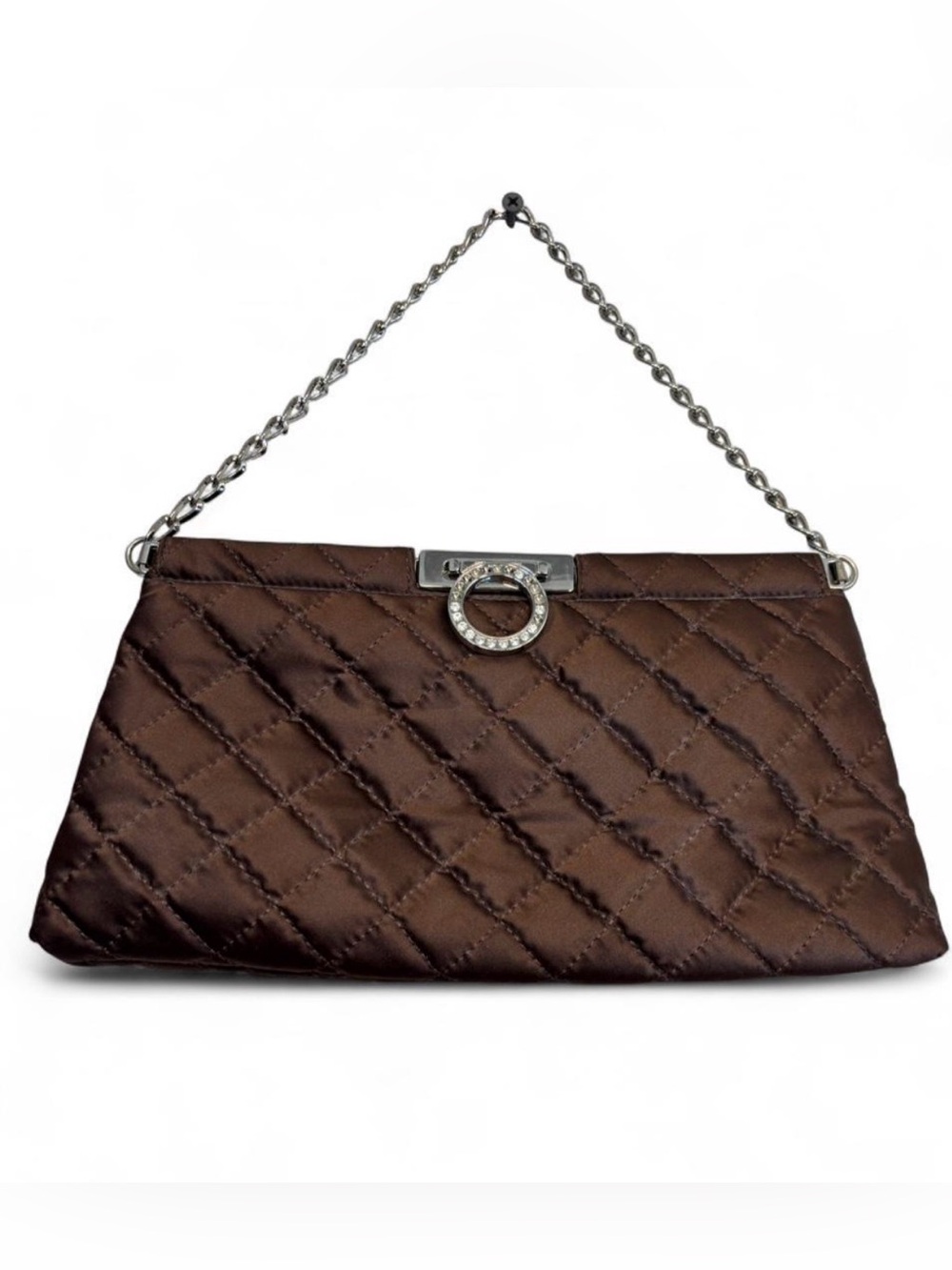 Hype Quilted Brown Satin Clutch with Silver Chain